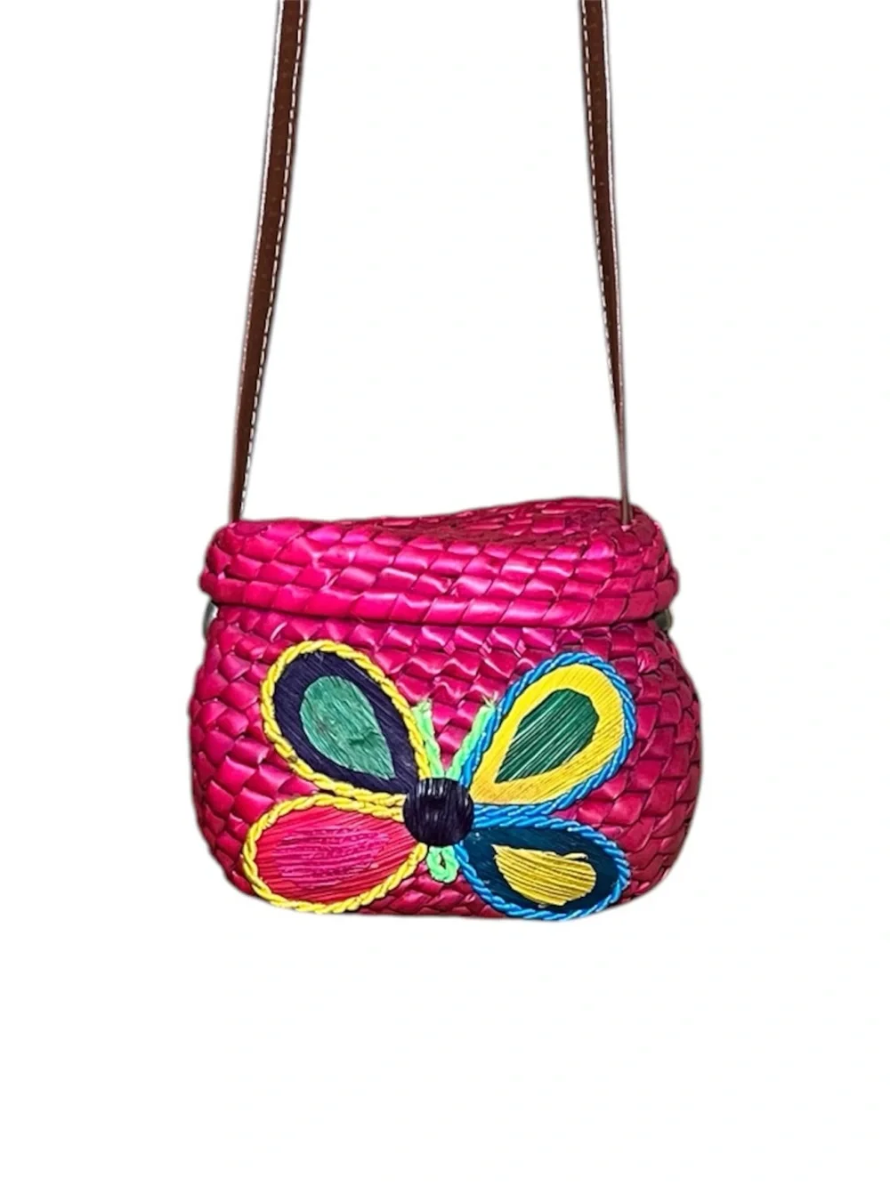 Handwoven Pink & Green Floral Crossbody Basket Bag
